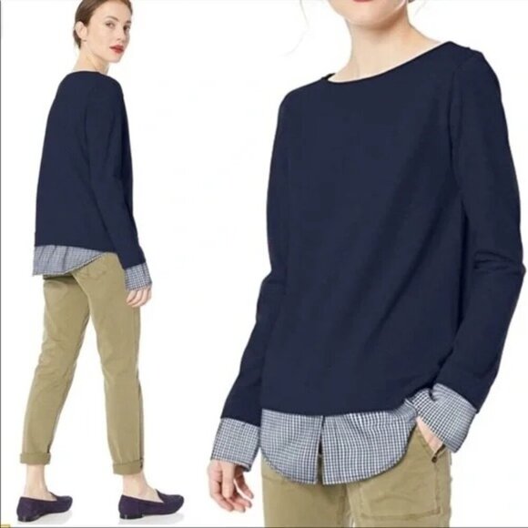 J Crew Mercantile boat neck sweatshirt with gingham layers size L - Picture 1 of 9